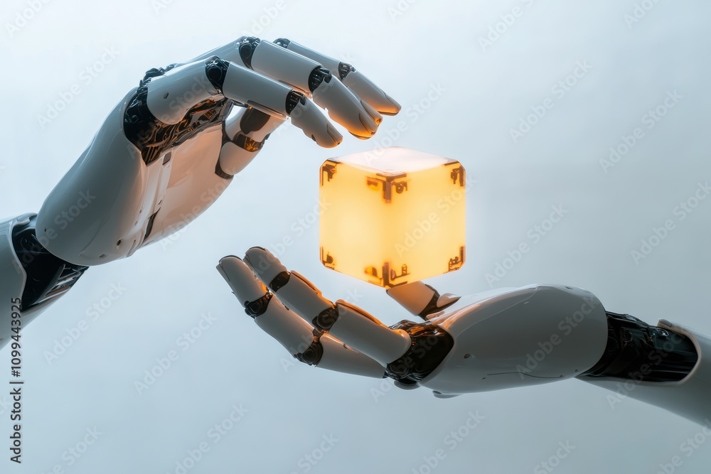 Fototapeta premium Robotic Arm Holding Glowing Cube on White Background