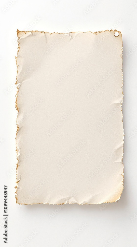 Fototapeta premium Ripped and worn paper with a small hole in the corner , aged paper, paper defects, paper damage, paper hole