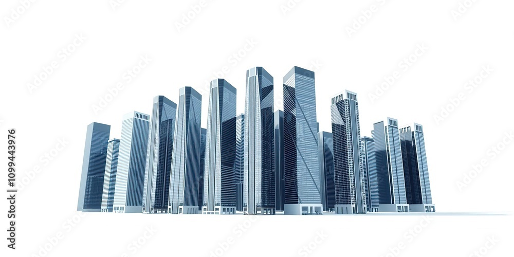 Obraz premium A series of sleek and modern skyscrapers standing in a row against a bright white background with a subtle gradient effect to emphasize depth, urban development, modern skyscrapers