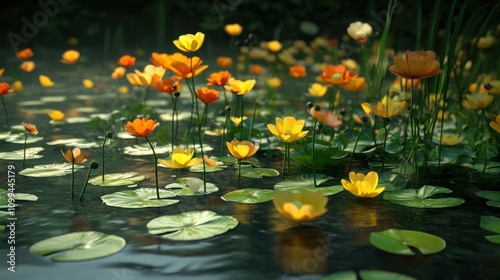 A garden pond filled with colorful water poppies photo