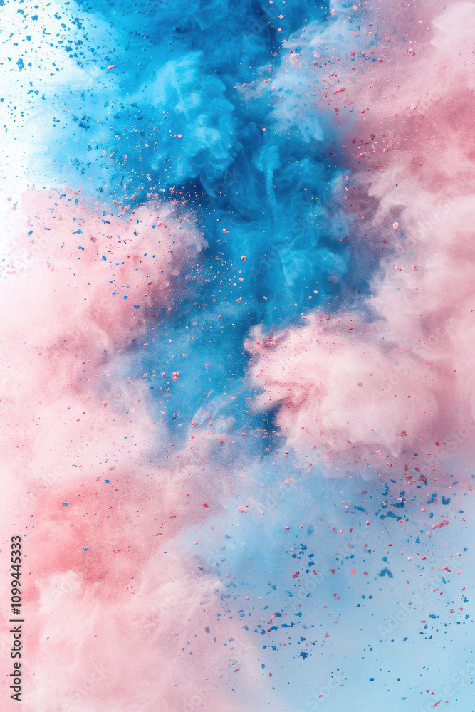 Obraz premium Explosion of blue and rosa powder splattering with freeze. Abstract&nbsp;dust&nbsp;splatte. Generative AI tools