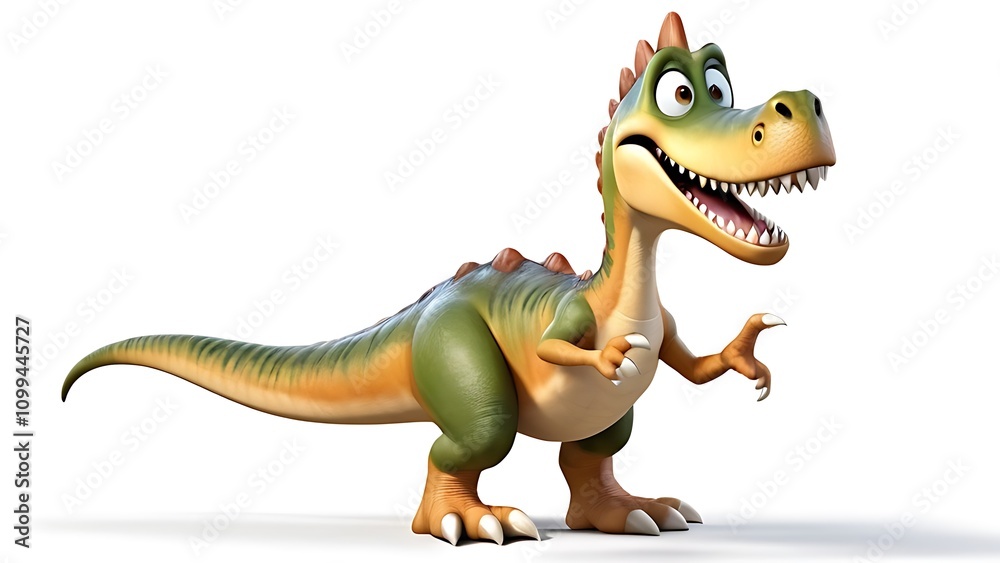 Fototapeta premium A 3D cartoon dinosaur with a goofy grin, standing on two legs, set against a white background