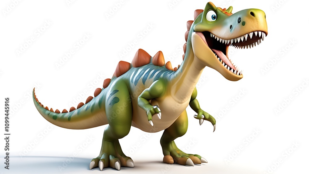Fototapeta premium A 3D cartoon dinosaur with a goofy grin, standing on two legs, set against a white background