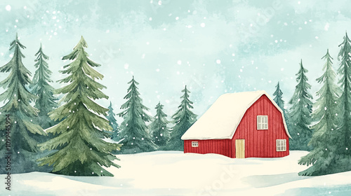 Watercolor Winter rustic illustration of a red barn surrounded by snow and pine trees, capturing the serene essence of winter countryside vector illustration.