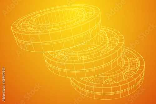 Roller bearing. Circular round rotating bearings used in industry for heavy equipment mechanical work and engineering. Wireframe low poly mesh vector illustration.