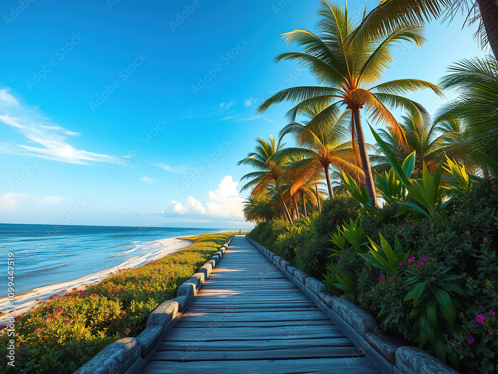 Obraz premium Lush Greenery and Flowers Adorning a Seaside Path , flowers blooming, colorful blooms, peaceful stroll, lush greenery