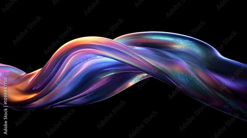 Obraz premium Futuristic Iridescent Wave: A Close-Up of a Holographic, Curved Fluid Shape Floating in Air, Captured in High Detail with Colorful Light Refraction Against a Black Background in Sci-Fi Aesthetic