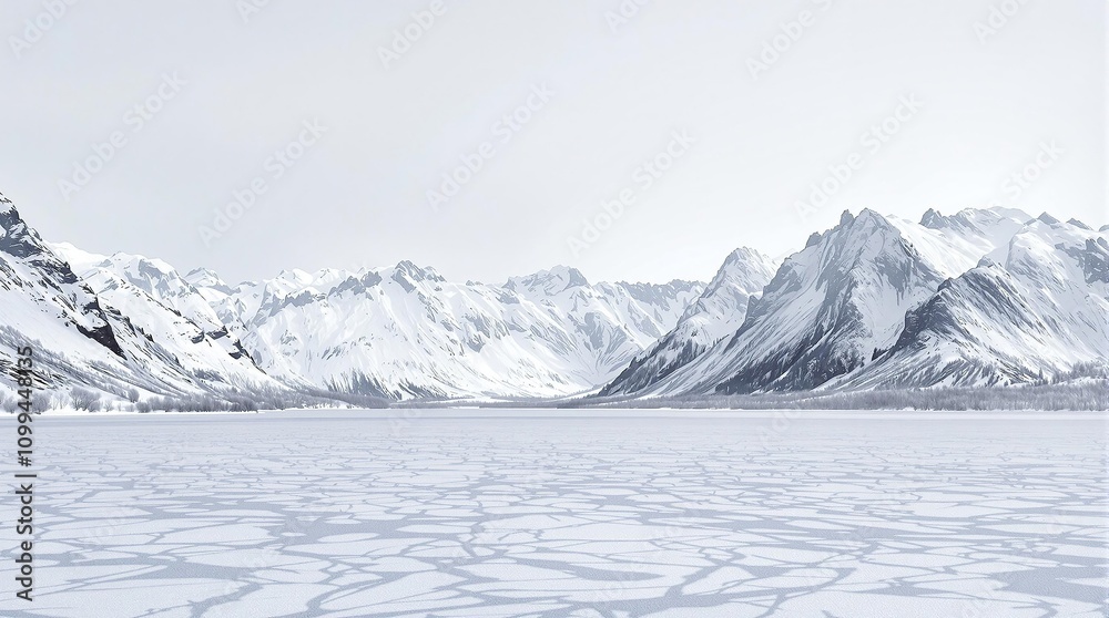 Obraz premium Snowy mountain range with a frozen lake and barren trees, serene landscape, winter wonderland, panoramic view, frozen lake