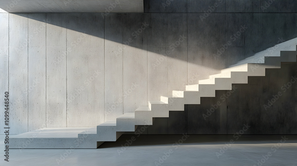 Obraz premium Modern Minimalist Staircase Design with Concrete Wall and Natural Light in Contemporary Interior Space