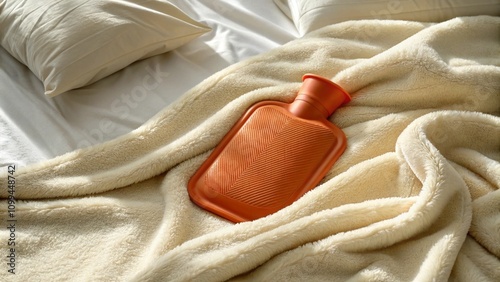 Orange hot water bottle placed on a cozy, fluffy blanket in a sunlit bedroom, evoking a sense of warmth and relaxation.