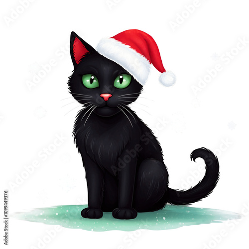 Black Cat with Santa Hat on Transparent Background