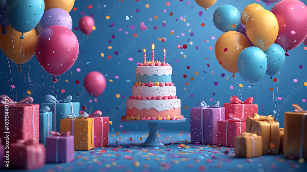 A whimsical cartoon-style illustration featuring vibrant birthday balloons in various shapes and colors floating above a festive table filled with wrapped presents and a multi-tiered cake.