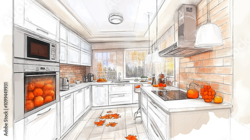 Stylish kitchen interior with modern furniture. Combination of watercolor and sketch vector illustration for architecture designs.