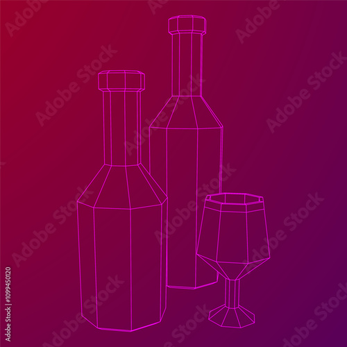 Wine bottle with wine glass. Wireframe low poly mesh vector illustration