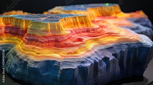 A 3D geological model, showing rock layers and seismic data points on digital displays