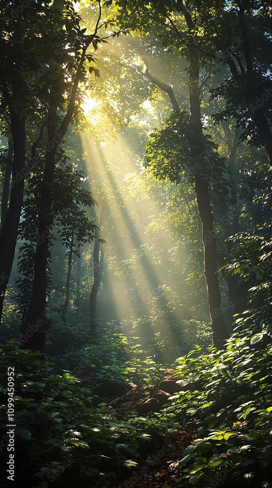 Obraz premium Shimmering golden light illuminating a mystical forest, ethereal atmosphere, artistic interpretation, whimsical world, dreamy visuals