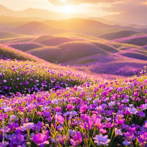 Purple flower petals on a soft, grassy hillside or slope with wildflowers, springtime scene, floral arrangement, flower petals