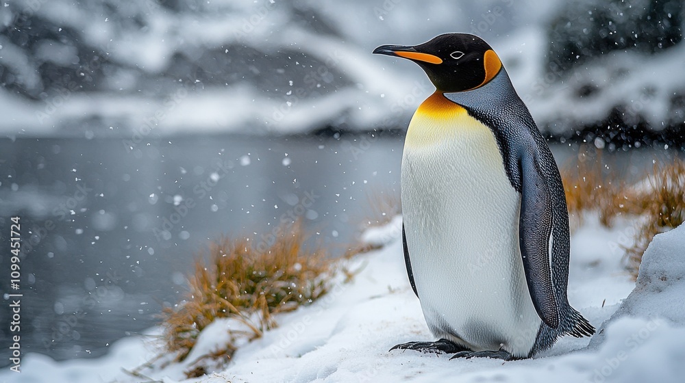 Obraz premium Solitary King Penguin Standing Amidst the Snowy Landscape of the Antarctic Tundra