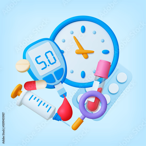 Diabetes control test 3d concept. Pills glucometer syringe, blood drop and clock. Time to medical check up. Diagnosis of sugar levels, vector health elements