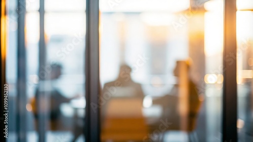 Focused Blurry Meeting: A blurred office meeting room seen through glass walls.
 photo