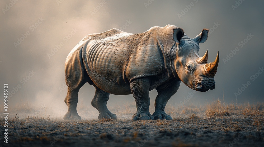 Fototapeta premium Powerful Rhinoceros Prowling Across Dusty African Savanna Landscape