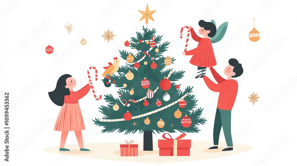 family decorating their Christmas tree together, creating a joyful and festive atmosphere family decorating their Christmas tree together, creating a joyful and festive atmosphere