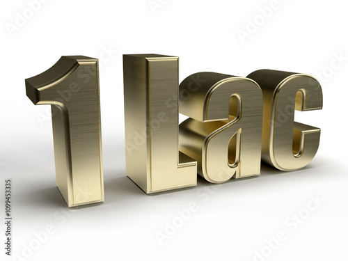 Isolated 1 Lac in Golden Texture and Gold Metallic Three Dimensional Alphabet, Golden 3D Render Illustration with White Background.