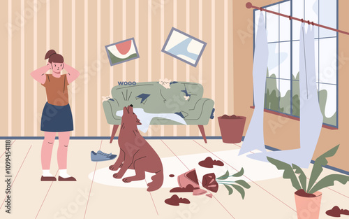 Dog destroyed room and howled. Girl covered her ears, howling of pet and dirty house. Bad behavior of an ill-mannered animal. Messy vector scene