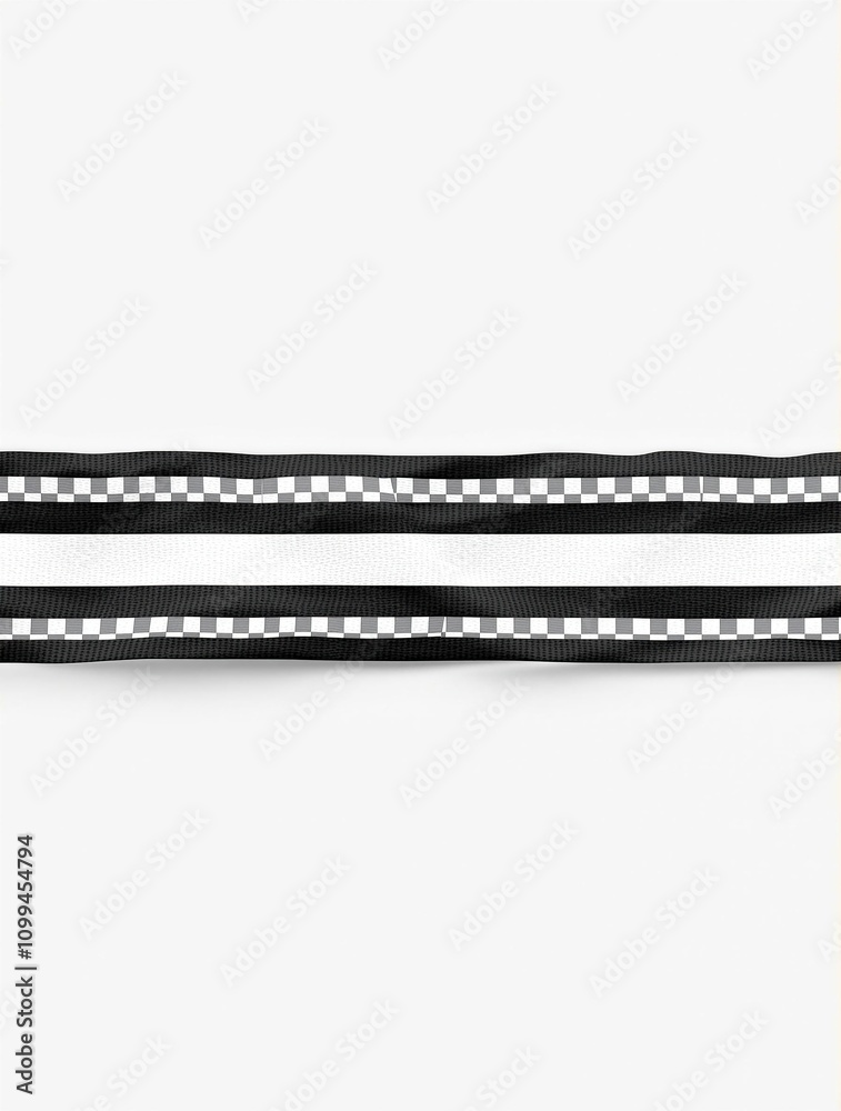 Obraz premium Horizontal striped racing flag with black and white checkered pattern on a light gray or beige background , racing flag, sports equipment, grid patterns, horizontal stripes