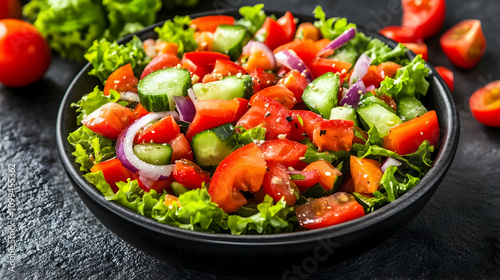Wallpaper Mural Fresh Colorful Salad with Tomatoes, Cucumbers, Onions, and Greens in Bowl on Dark Stone Table Torontodigital.ca