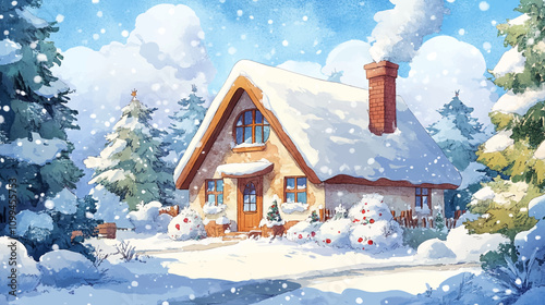Watercolor cartoon style illustration, cute house in winter time, cold snow fall covered over roof, happy Christmas and new year time vector illustration.