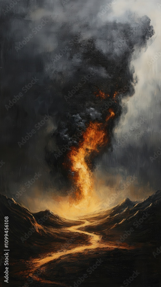 Fototapeta premium Dramatic landscape featuring a fiery volcanic eruption amidst dark storm clouds, creating a striking contrast in nature's fury.