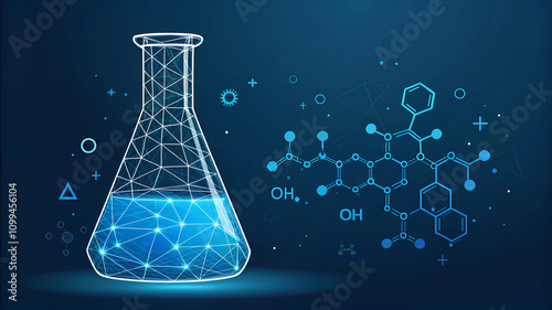 Abstract lab flasks, blue liquid, chemical molecules, science education