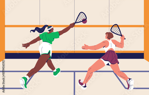 Squash players in uniform playing at championship. Sportswomen throw ball with rackets during sport match. People play with racquets on court in tournament, competition. Flat vector illustration