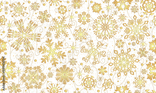 Vector hand drawn Christmas seamless pattern with glitter golden snowflakes and stars on a transparent background