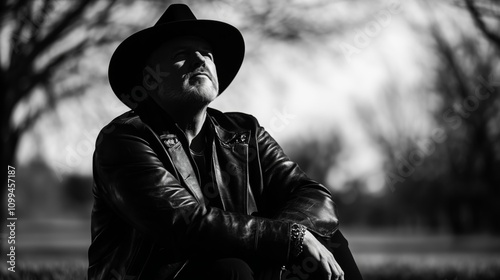 Black and White Outdoor Portrait of a Thoughtful Man in a Hat and Leather Jacket