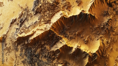 Take a detailed satellite image of a desert landscape, showcasing the golden sands, intricate dunes, and the stark contrast between dry land and lush oases.