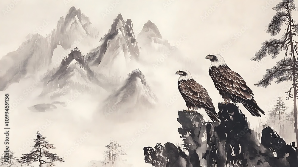Fototapeta premium Two Eagles Perched on a Rocky Outcrop Amidst a Misty Mountain Landscape, Watercolor Painting in East Asian Style.