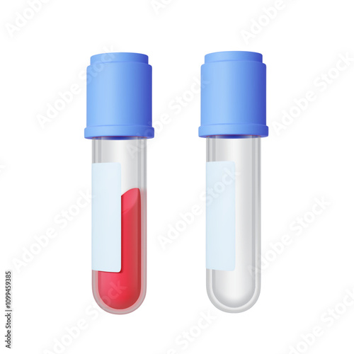Medical measuring cup. 3d glass tube empty and with blood. Analysis tool in hospital or health center. Science research in pharmacology, vector elements