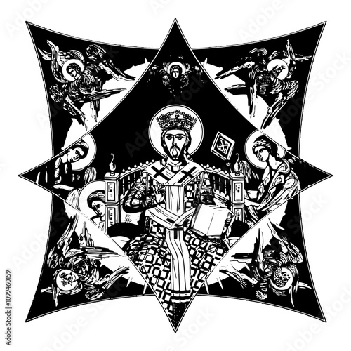 Jesus Christ the greatest Bishop sitting on the throne on cross dome with 4 apostles, angels and seraphim. Ink illustration black and white in Byzantine style isolated