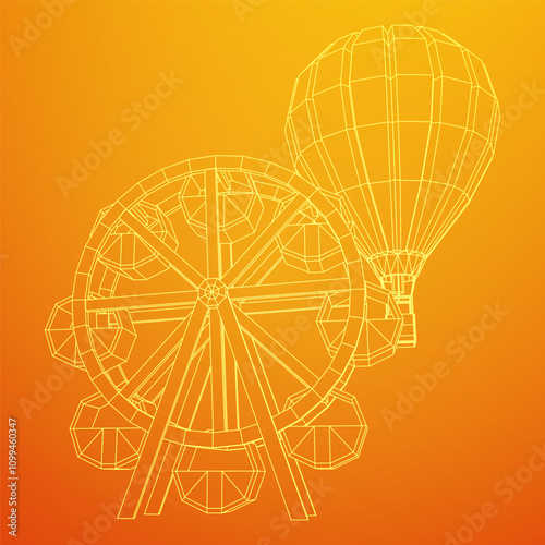 Ferris wheel with airballoon spinning amusement park. Wireframe low poly mesh vector illustration.