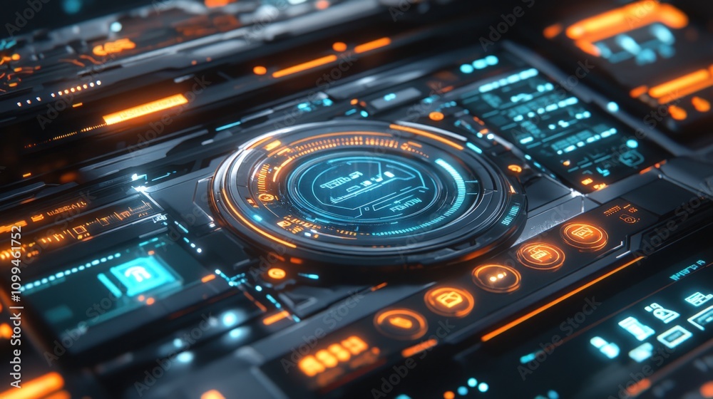 Obraz premium Futuristic digital interface with glowing HUD elements.