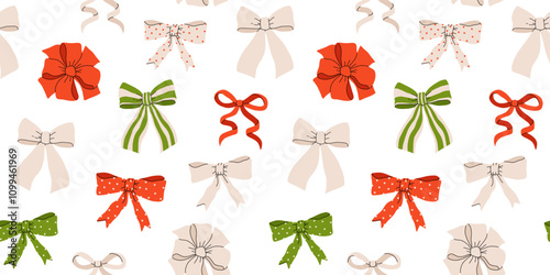 Cute Xmas ribbon bows vector seamless pattern. Coquette Christmas background.