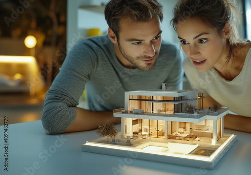 Excited Couple Examining a Modern Architectural Model in Warm Indoor Lighting