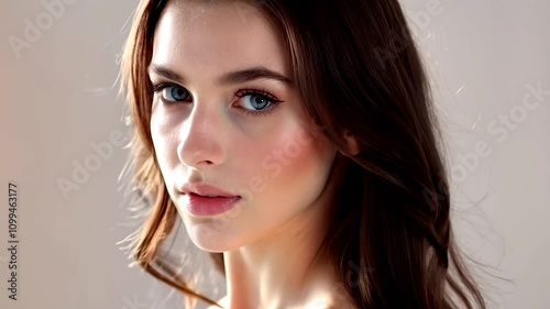 Close-up portrait of young beautiful caucasian woman with long wavy brunette hair