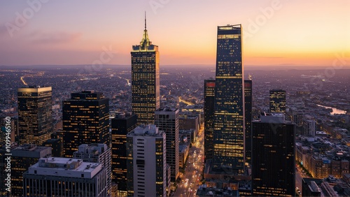 Wallpaper Mural Generative AI, Modern Metropolis at Sunset with Reflective Skyscrapers Torontodigital.ca