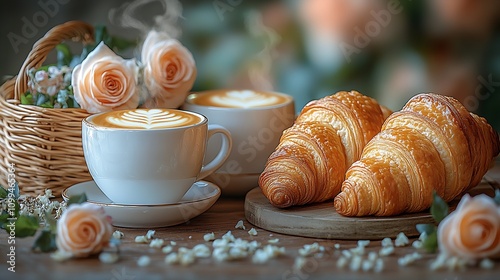 French Café Inspired Breakfast with Latte Art and Fresh Croissants : Generative AI photo