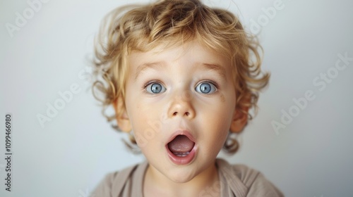 A young child with blonde hair and blue eyes wearing a tan shirt looking shocked or surprised with their mouth open.