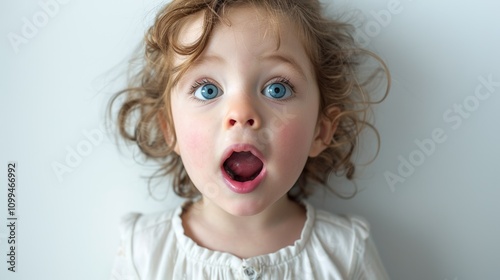 A young girl with a shocked expression her mouth agape and eyes wide open set against a plain white wall background. photo