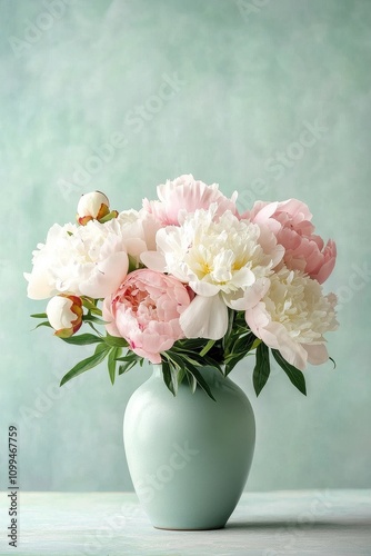 Wallpaper Mural A beautiful arrangement of peony flowers in a light green vase, adding elegance to any space. Torontodigital.ca